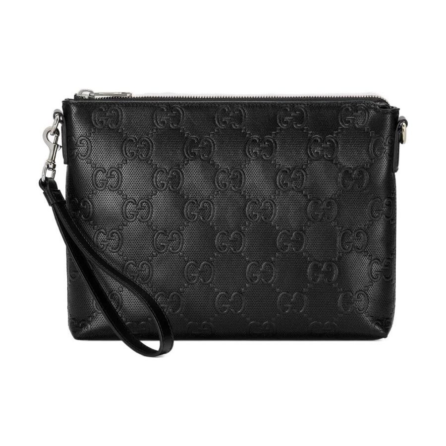 Gucci GG Embossed Leather Zip Pouch Wristlet Clutch In Black For Unisex Daily Use