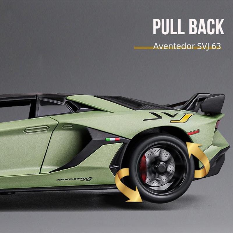 1/24 Scale Lambo Aventador SVJ63 Diecast Car Model Toy, Pull Back Toy Vehicle with Sound and Light for Kids Toddler Boys Girls Gift Collection