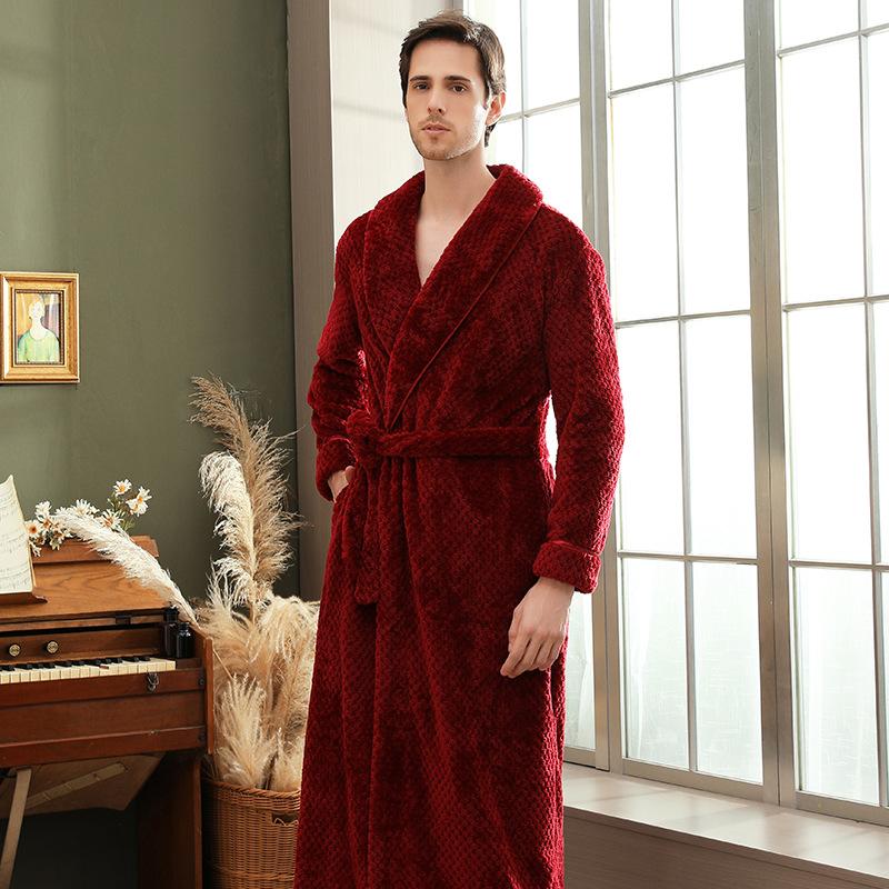 Plus Size Men's Autumn Winter Bathrobe Couple's Thickened Long Robe Solid Waist-tie Loungewear with Pockets
