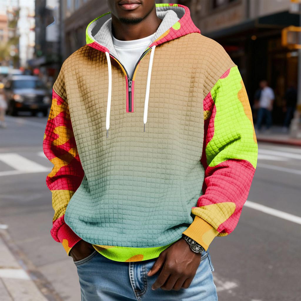 Мужской худи-пуловер в клетку с капюшоном на молнии до середины, со шнурком и принтом, повседневная спортивная толстовка