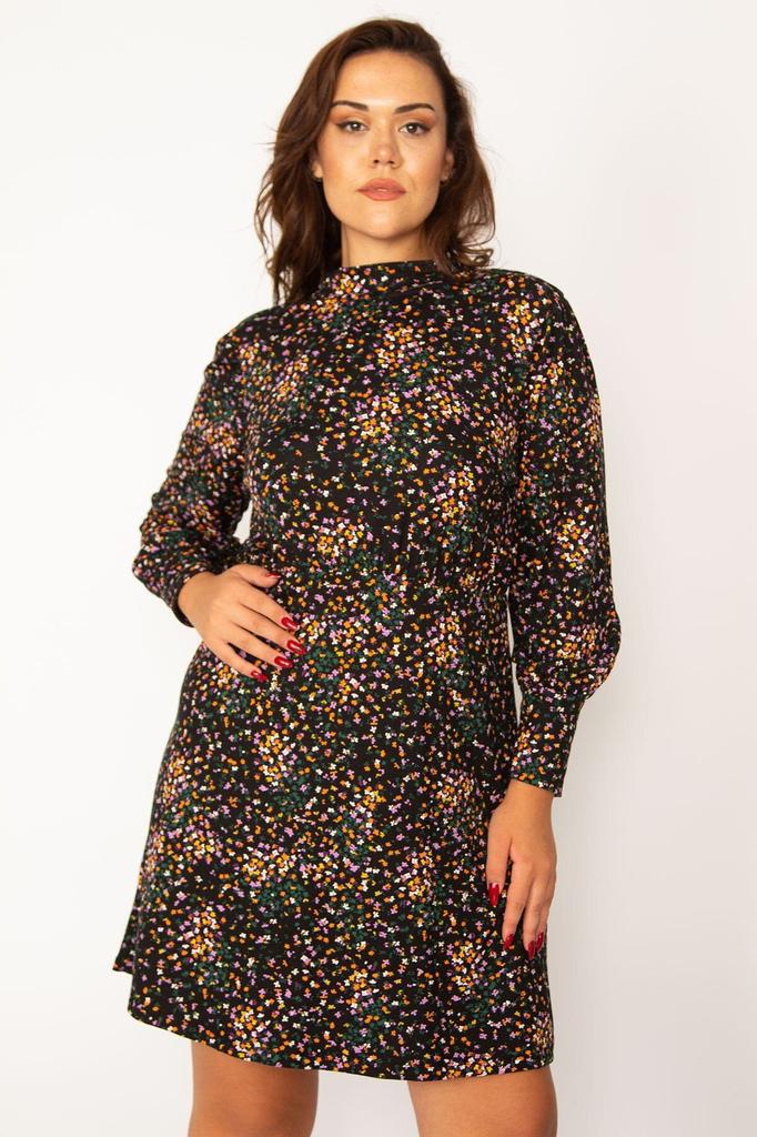 Женское платье большого размера Плюс размер Красочная талия Эластичное подробное платье с длинными рукавами