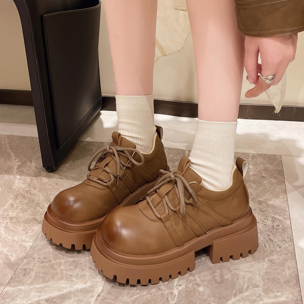 Мода 2024 Осенняя мода Новые женские однотонные повседневные туфли на шнуровке с круглым носком на высоком каблуке и низким верхом