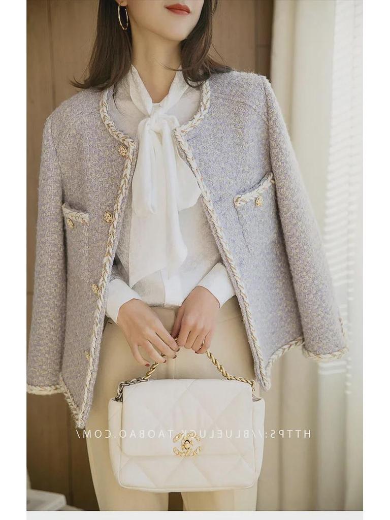 Маленький твидовый кардиган лавандово-фиолетового цвета: Женский бархат Plus, утолщенный, короткий стиль на осень/зиму 2024 г.