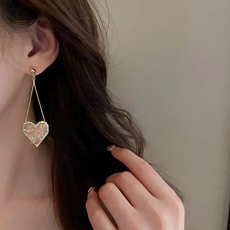 Женские Серьги-Подвески в Форме Сердца Модные Длинные Хрустальные Подвески Свадебная Вечеринка Подарок Ювелирные Аксессуары Серьги-Подвески