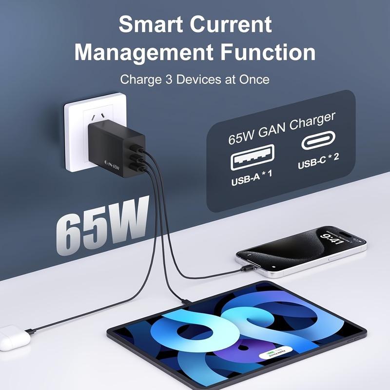 Для зарядного устройства ноутбука, 65 Вт GaN, 3 порта USB-C, адаптер питания с блоком зарядки Type-C для iPhone 16/15/14/13, MacBook, iPad, Galaxy