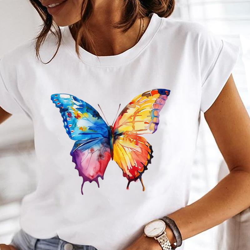 (Asian Size) sweet butterfly Lady o-neck T Shirt Clothing Short Sleeve T-shirts Printed Female Top Casual Fashion Women Graphic Tee