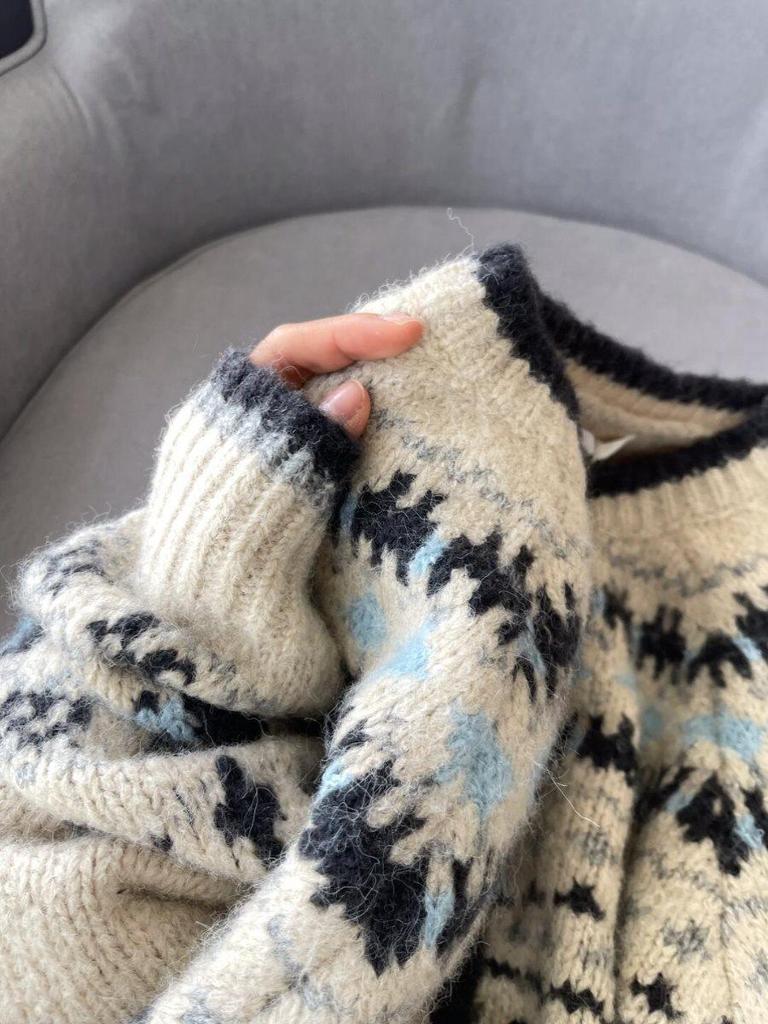 Женский вязаный кардиган с круглым вырезом и жаккардовым узором в стиле ретро, Осень/Зима, Толстое однобортное пальто-свитер с узором Фэр-Айл.