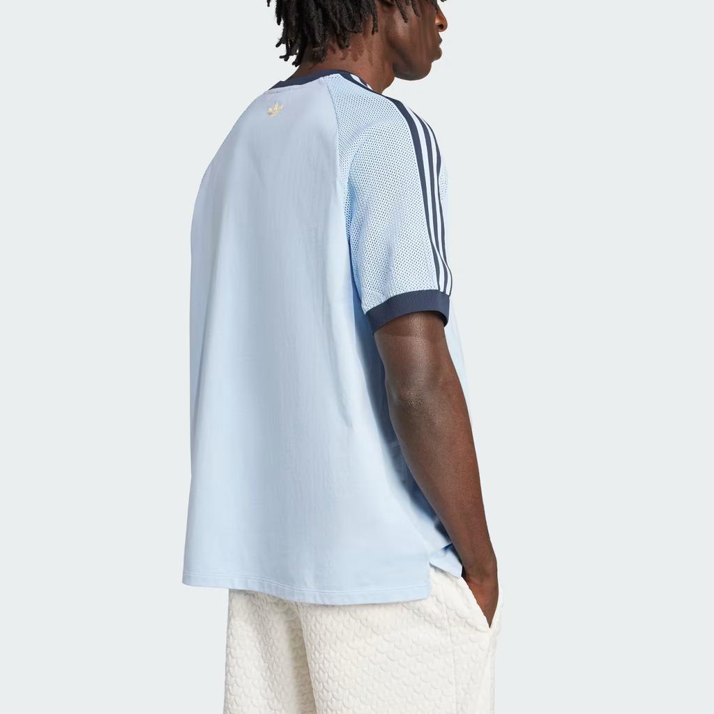 Adidas Оригинальная вязаная футболка премиум-класса свободного кроя в полоску с круглым вырезом, пуловер с коротким рукавом, мужские топы, небесно-голубой JN5557