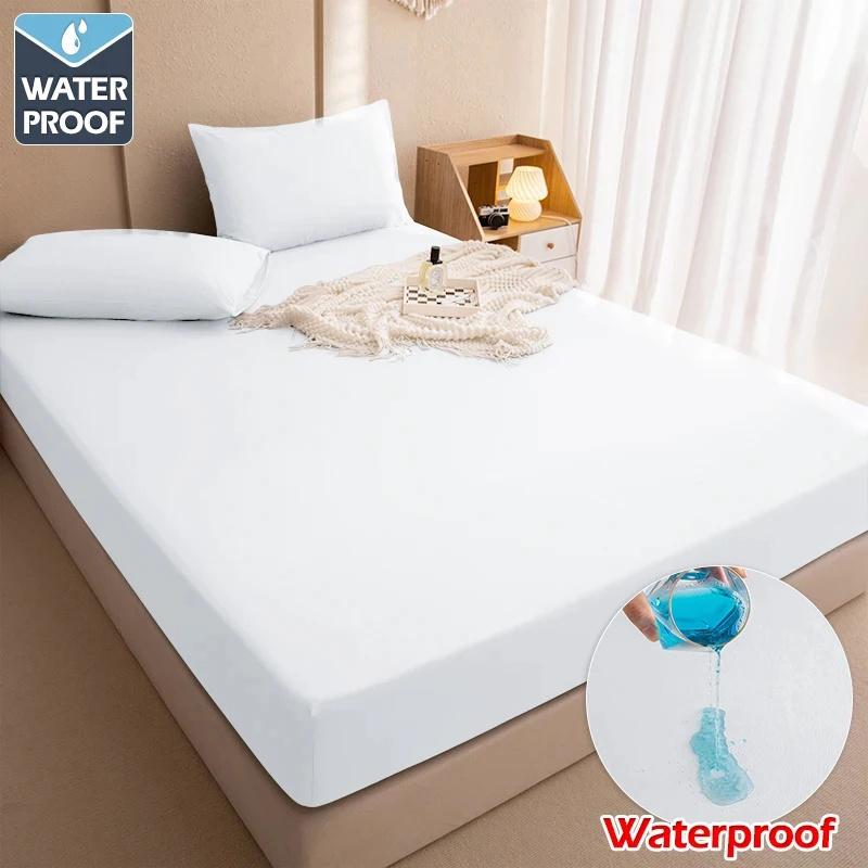 1 Waterproof Fitted Sheet,Solid Color Bed Cover Sheet, Bed Cover Mattress Cover Elastic Band Bed Skirt Breathable Sheet Only 1 Sheet