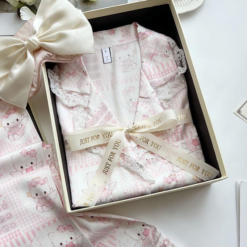 Moe-Style Sweet Pink Kitten Pajamas: Soft Silk, Long-Sleeved & Long Pants for Women - Spring & Autumn Collection