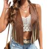 Womens Leather Tassel Vest 70s Hippie Costume Sleeveless Cowgirl Western Outerwear