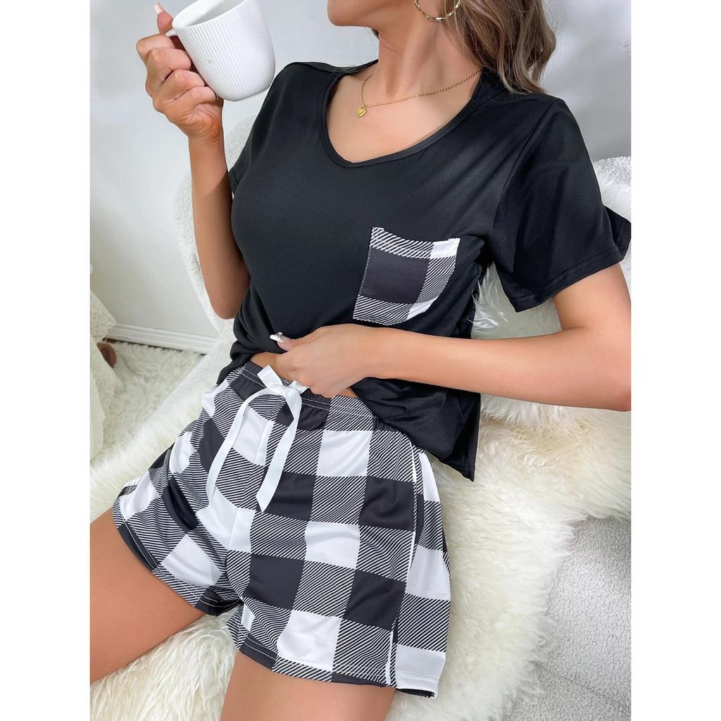 Women's New Style Pajamas Set Black Top Plaid Shorts Two-piece Casual Home Wear