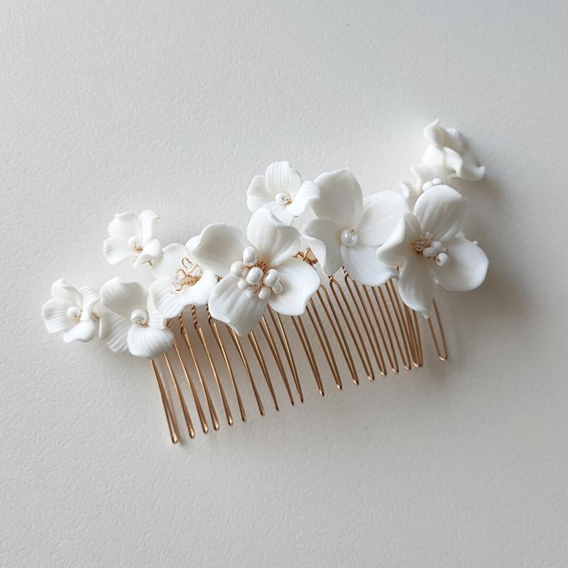 Romantic White Ceramic Flower Bridal Hair Comb Bridesmaid Wedding Accessories Hair Piece Jewelry