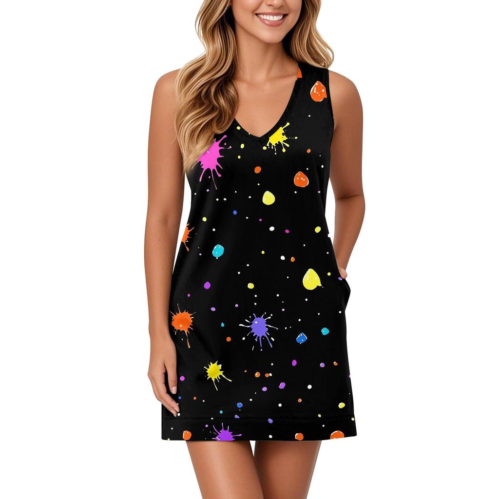 Женский сарафан с V-образным вырезом, без рукавов, повседневное платье с геометрическим принтом и карманами