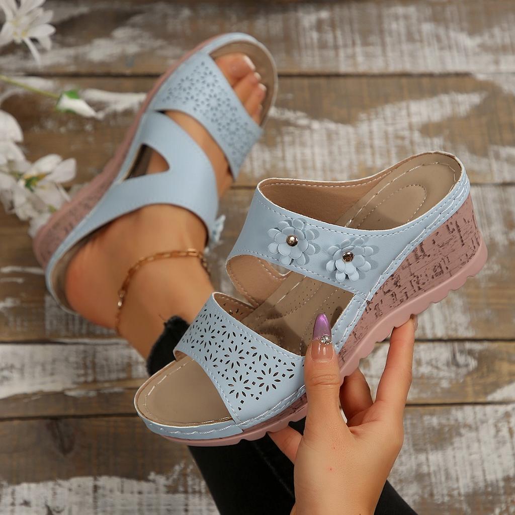 Fashion Sandals for Women Summer Metal Buckle Sandals Fashion Peep Toe Wedge Casual Thick Bottom Light Comfort Beach Slides Slippers