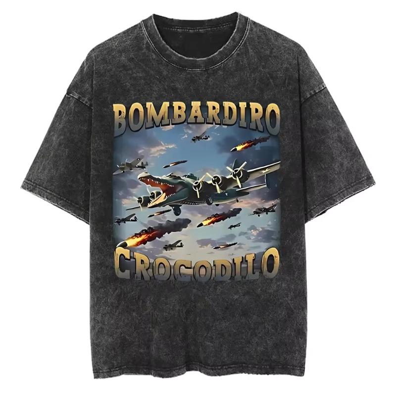Винтажная стираная футболка Bombardiro Crocodilo Смешная футболка с самолетом-бомбардировщиком и крокодилом Мем Футболки Мужские Женские Готические Повседневные Юмористические Футболки