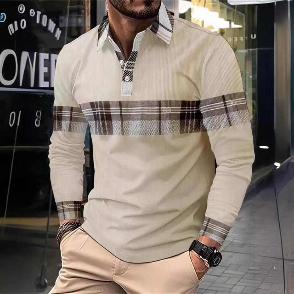 Мужской пуловер с воротником-стойкой и длинными рукавами, отворотом, большой размер, клетчатый топ с принтом