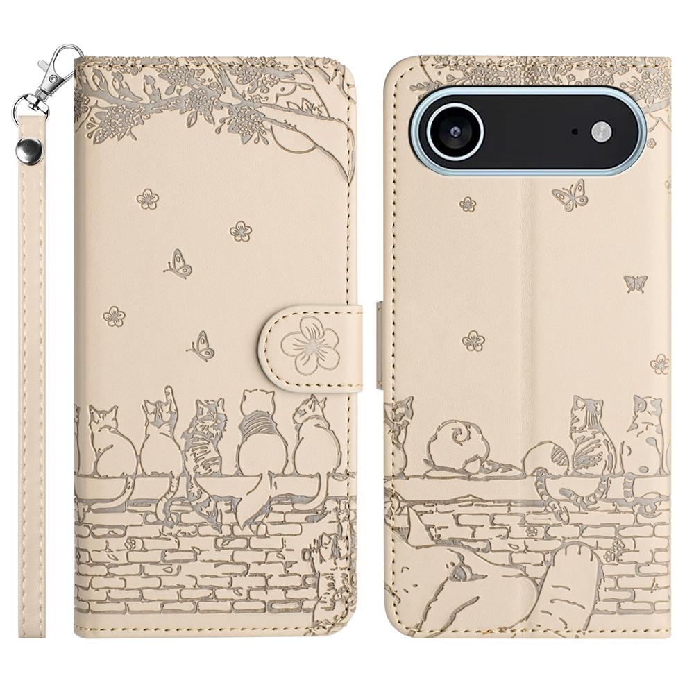 For iPhone 17 Air Case with Wrist Strap Leather Phone Cover Wall Cats Pattern