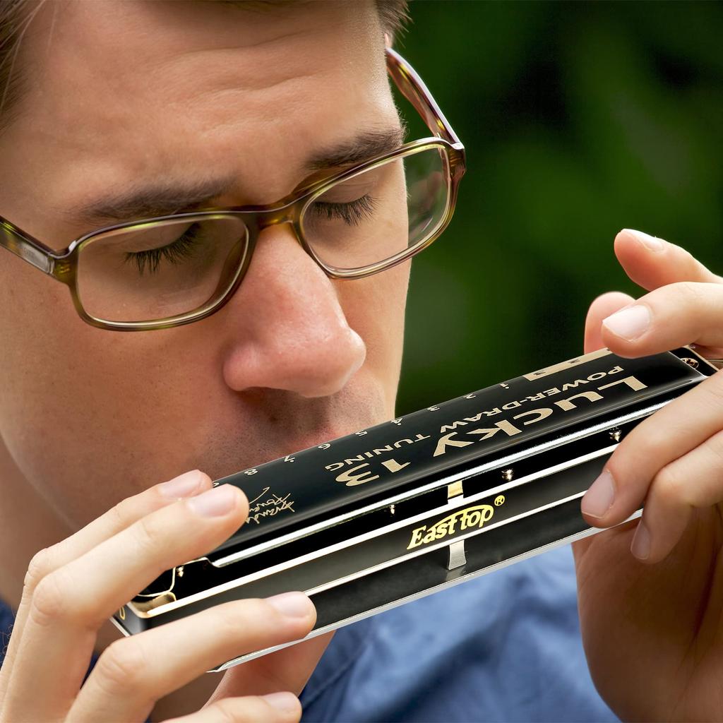 East Top Harmonica Blues Harmonica 13 Hole C Key Jazz Professional Adults Kids Study Practice Brass Cover Canvas Case Lucky13 (PowerDraw-C)