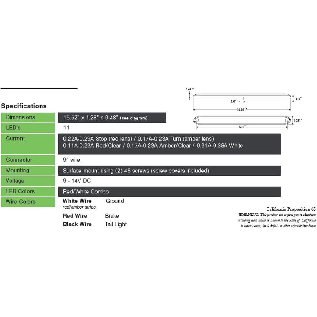 15" Clear Red Multi-function Stop Turn Tail Marker Trailer Light LED Bar Truck Waterproof USA Made