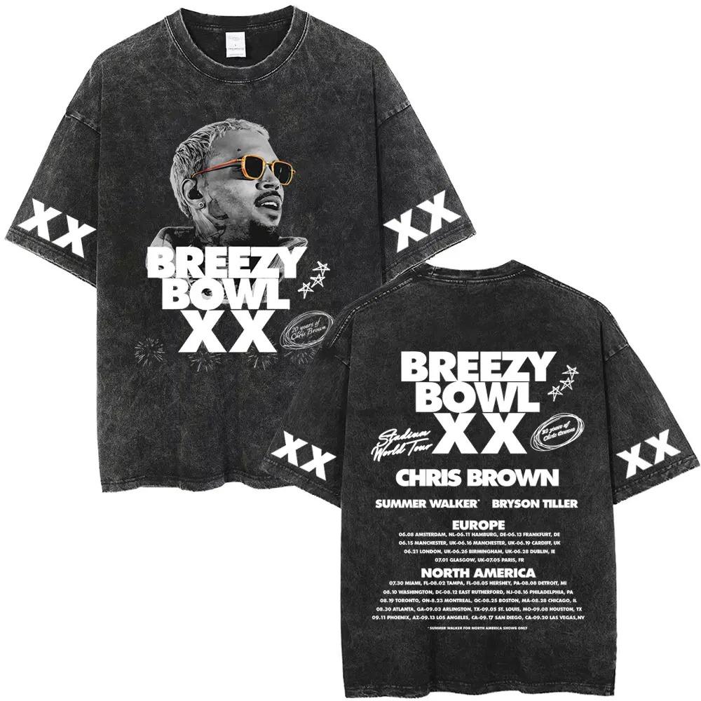 Винтажная стираная футболка с графикой Криса Брауна Breezy Bowl XX Tour 2026 Мерч Футболки Мужские Женские Хип-хоп Мода Оверсайз Футболки
