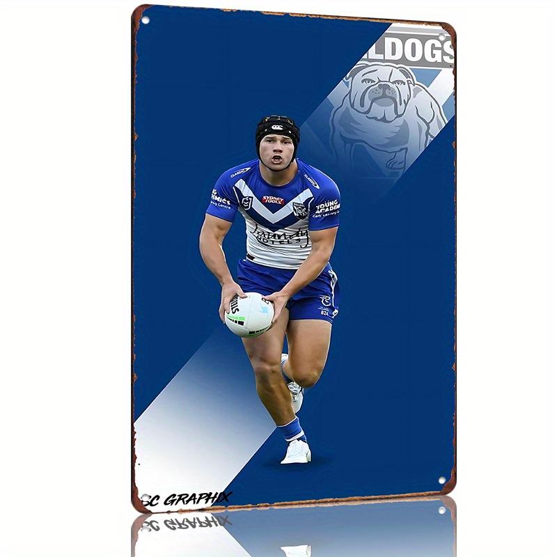 Vintage Rugby Star Metal Tin Sign Bulldog Spirit Blue White Jersey Wall Art () for Man Cave Bar Garage Farmhouse Decor