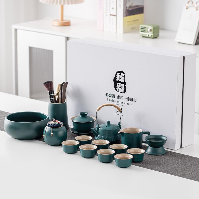 Высококлассный набор для чая Кунг-фу из черной керамики, простой керамический поднос для чая для домашней гостиной, современный большой набор в подарочной коробке класса люкс