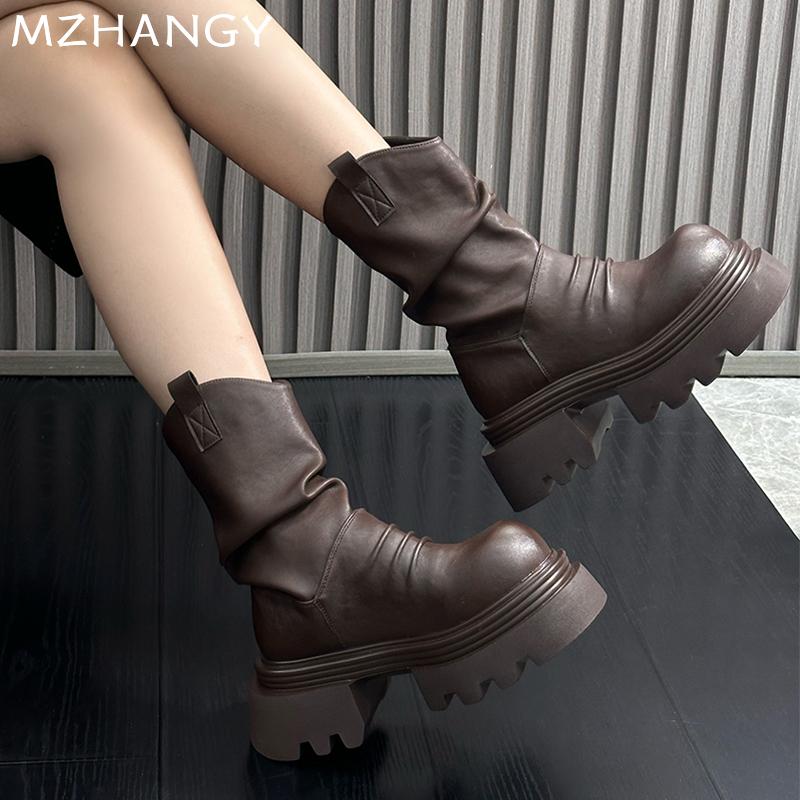 Модные женские кожаные ботильоны на платформе, массивные плиссированные туфли, женская тенденция 2025 года, модные зимние новые зимние ботинки челси, готические женские ботинки