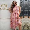 Vintage Print Halter Sleeveless Long Dress Women Spring Summer Holiday Lace Up Strap S-XL
