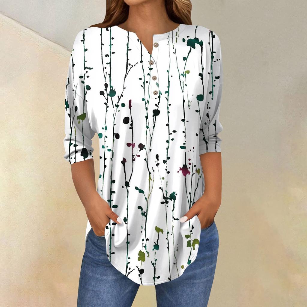 Женская свободная футболка с воротником на пуговицах и винтажным цветочным принтом, рукав три четверти