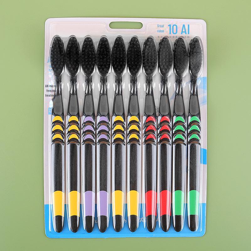 Зубная щетка с мягкой щетиной из бамбукового угля, упаковка из 10 штук для взрослых — удаляет пятна и очищает зубы.