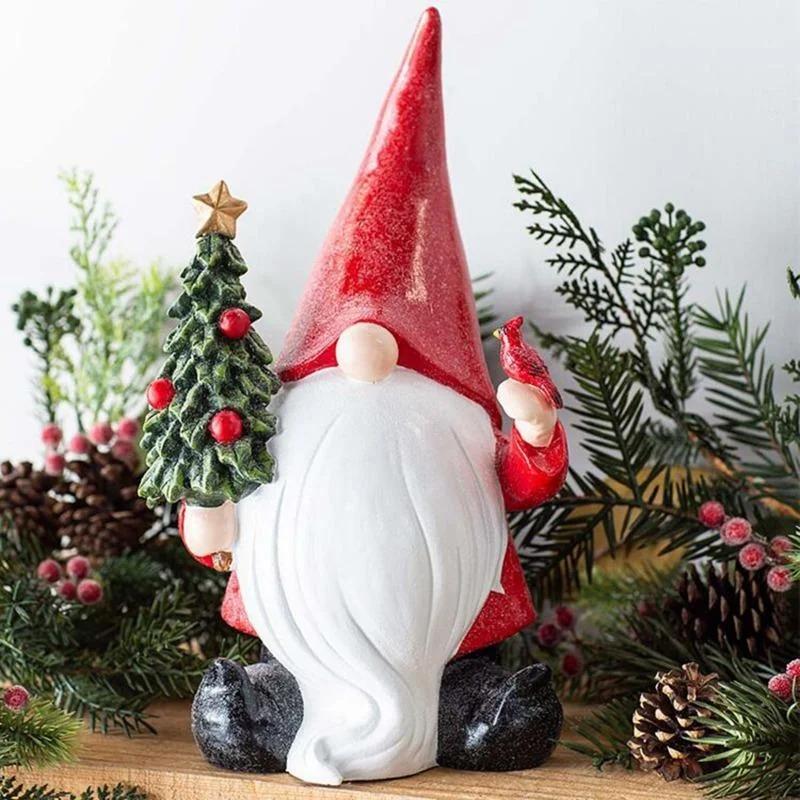 Santa Claus Statue Christmas Home Decoration Gnome Holding Christmas Tree Ornaments Garden Microlandscape Decor Resin Crafts