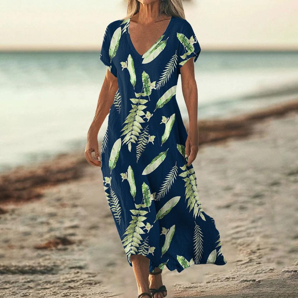 Fashion Women's Summer V-Neck Short Sleeve Floral Print Beach Dress