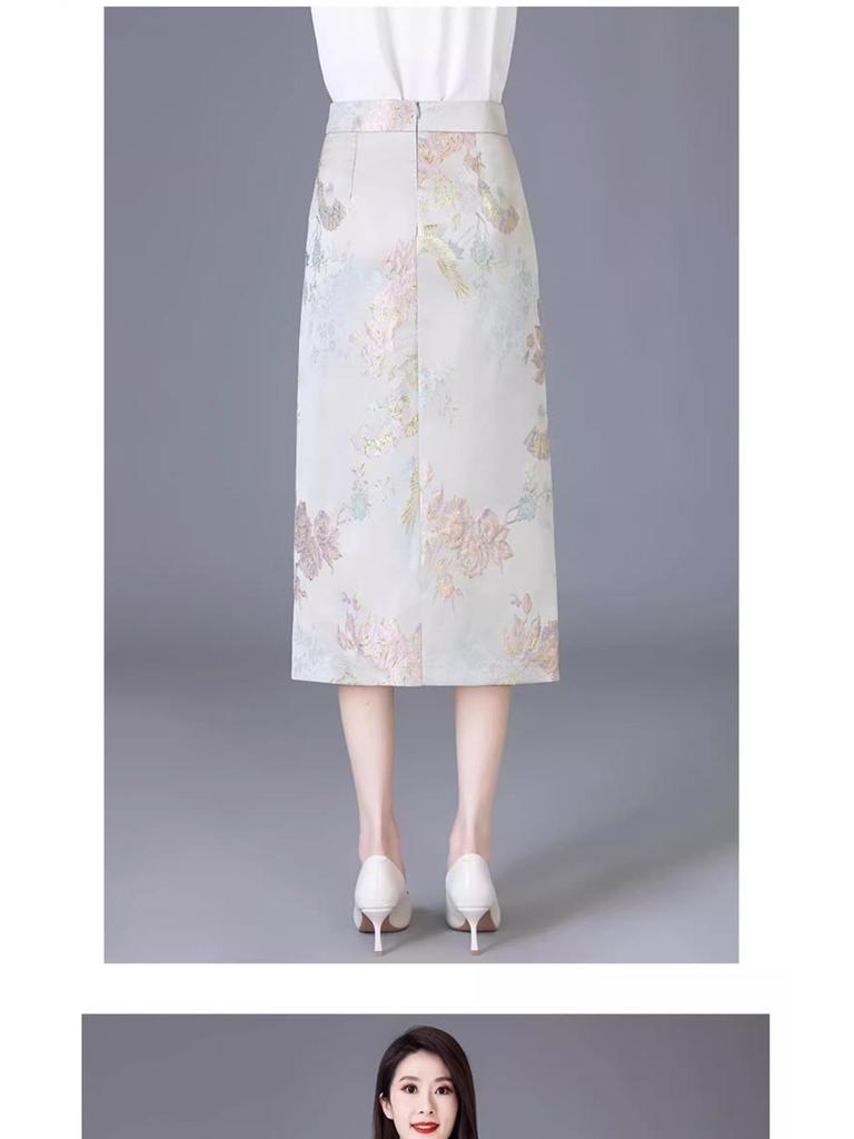 Юбка миди из золотого жаккарда из шелка, весна 2025: Бодикон в китайском стиле для женщин