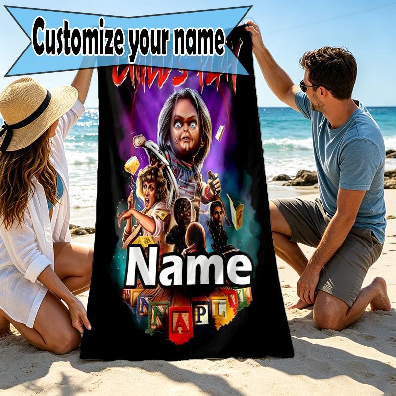 Custom Name Personalized horror movie Print Beach Towel, for Trip Camping Beach Party Home Decor, Birthday Gift for Family & Friends