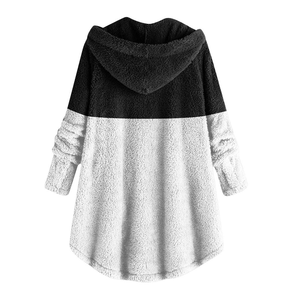 Women's Fashion Stitching Loose Hoodies Long Sleeve Plush Button Coat