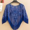 Women's Spring Summer Lace Embroidered Sequin Cape Pullover Blouse Oversized Loose Bat Shirt Shawl Tassel Evening Party