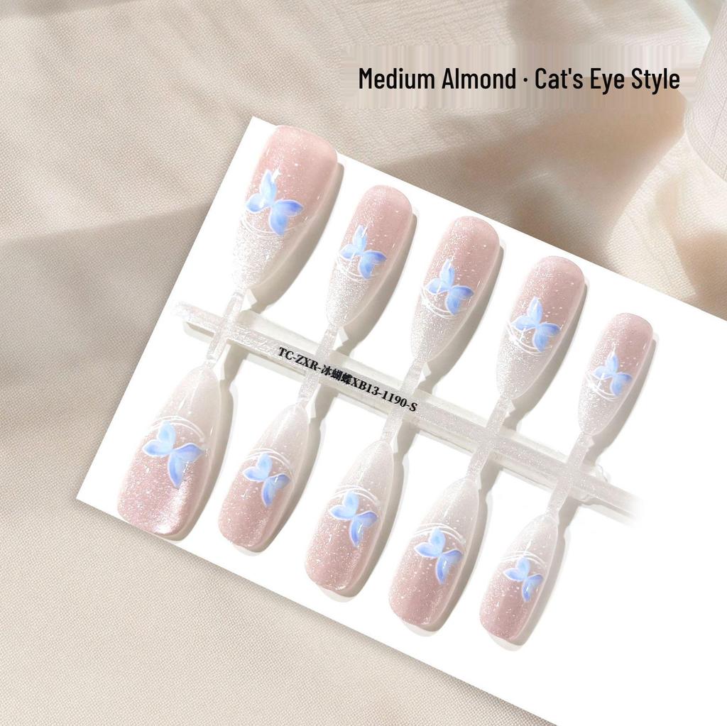 Super Flashy Cat Eye Press-On Nails Set with Nail Art Stickers and Semi-Finished Base Color.
