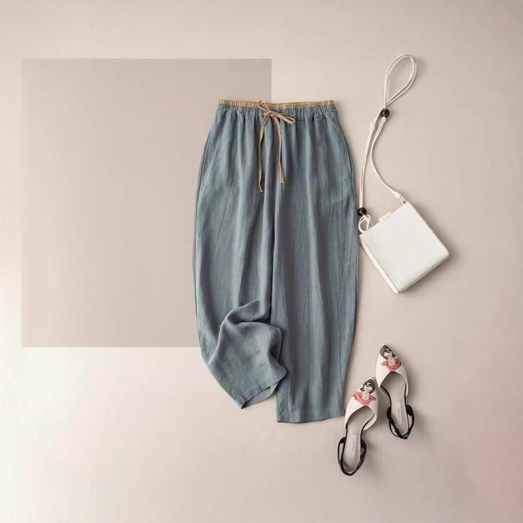 Summer Retro Loose Harem Pants Elastic Drawstring Waist Casual Pants Basic Versatility Wide Leg Ankle Length Pant