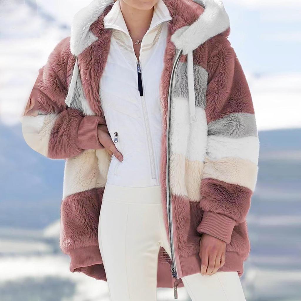 Женская мода плюшевая молния с длинным рукавом шить теплый свитер топы пальто зимнее