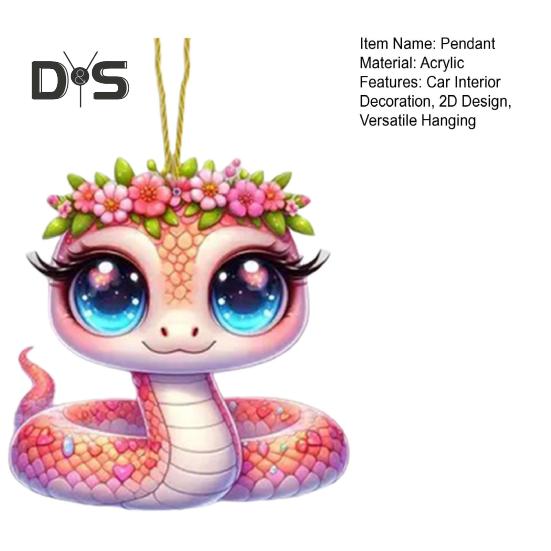 Pink Flower Snake Pendant Acrylic Christmas Tree Hanging Car Decoration Funny Snake Lover Xmas Gift for Car Rearview Mirrors Windows Bags