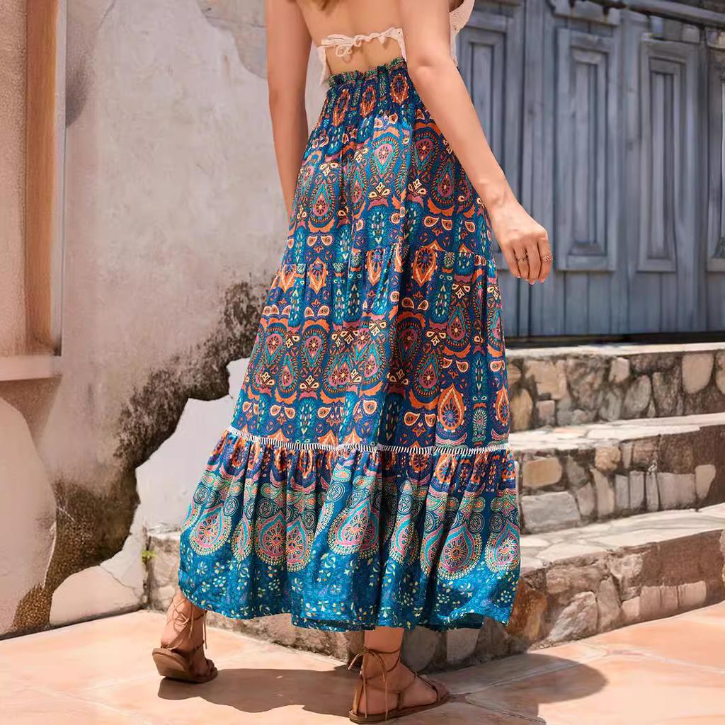 2025 Spring Summer Bohemian Ethnic Lace Trim Cotton Maxi Skirt, Vacation Style Long Skirt