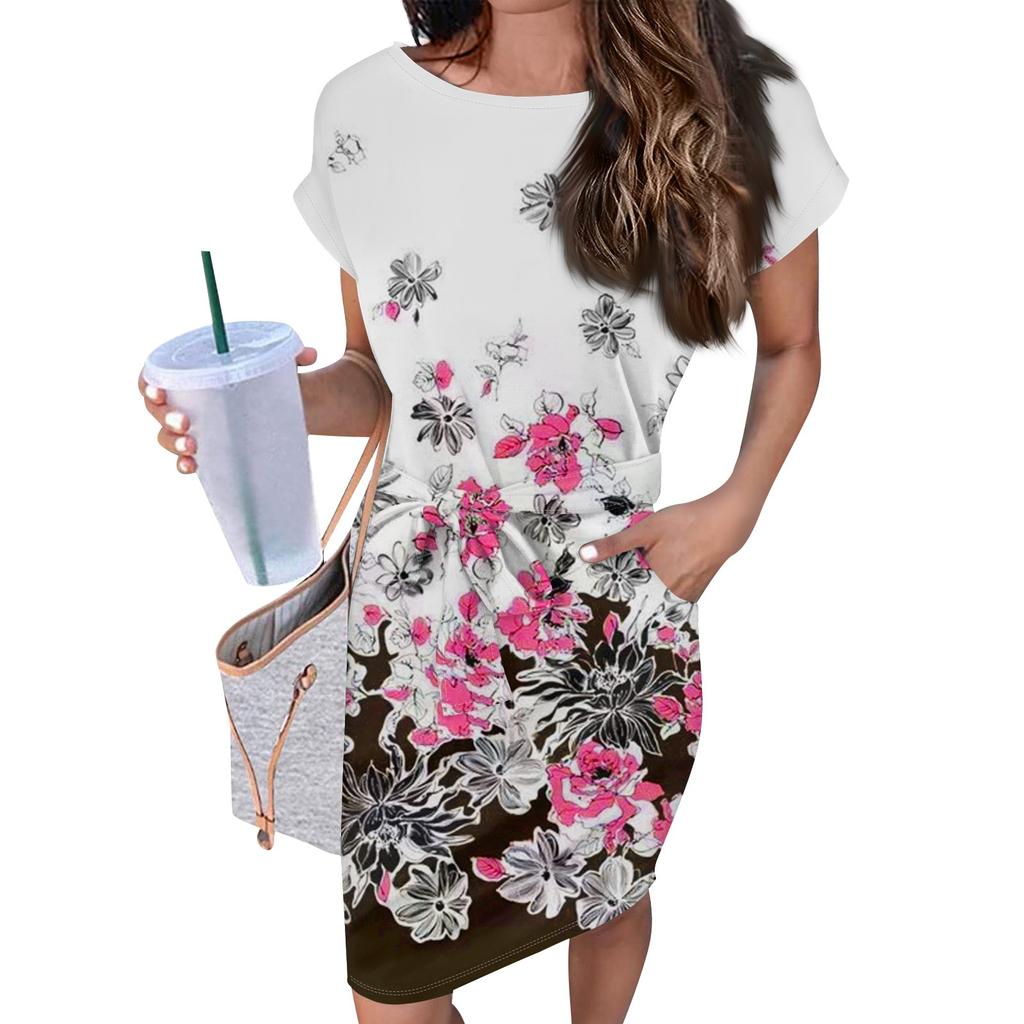 Женские повседневные модные сексуальные платья-туники с круглым вырезом и коротким рукавом с ботаническим цветочным принтом