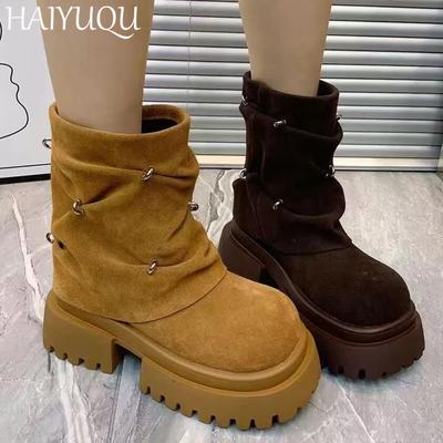 Женские замшевые ботинки на высоком каблуке, дизайнерская мода, повседневная обувь для ходьбы, женская мода 2025 года, новый тренд, зимние удобные теплые ботинки Mujer