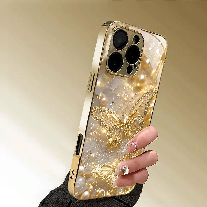 Закаленное стекло с узором «Золотая бабочка и жемчуг» для iPhone 18 17 Pro Max 14 15 16 16E 11 13 12 Pro Max 17Air Plus Чехол