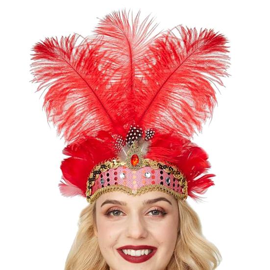 Feather Headpiece Hair Band with Rhinestones Sequins Elastic Carnival Headdress Women Lightweight Festival Headdress