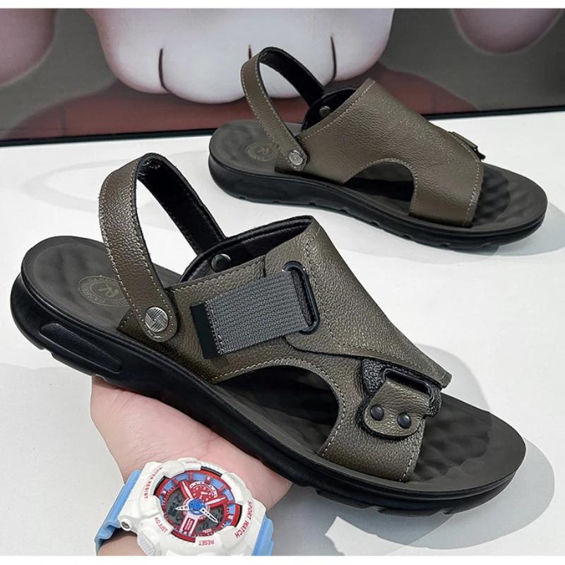 Модная мужская двухцелевая кожаная мужская летняя модная пляжная обувь с мягкой подошвой и цельнолитыми сандалиями для ношения на улице