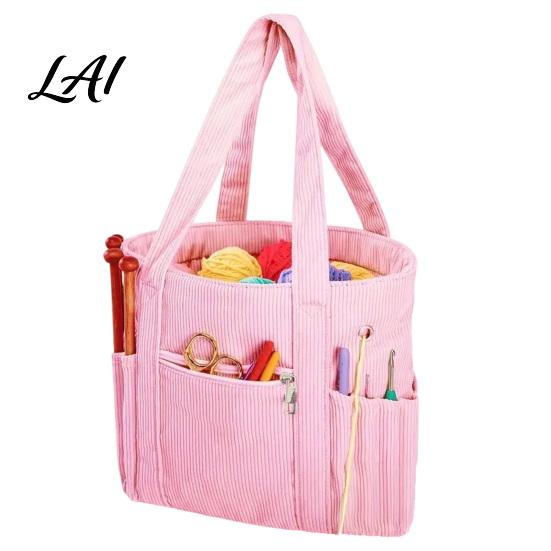 Corduroy Craft Bag Yarn Organizer Tote Knitting Supplies Bag Holder Shoulder Large Capacity Tote for Crochet Hooks & Accessories