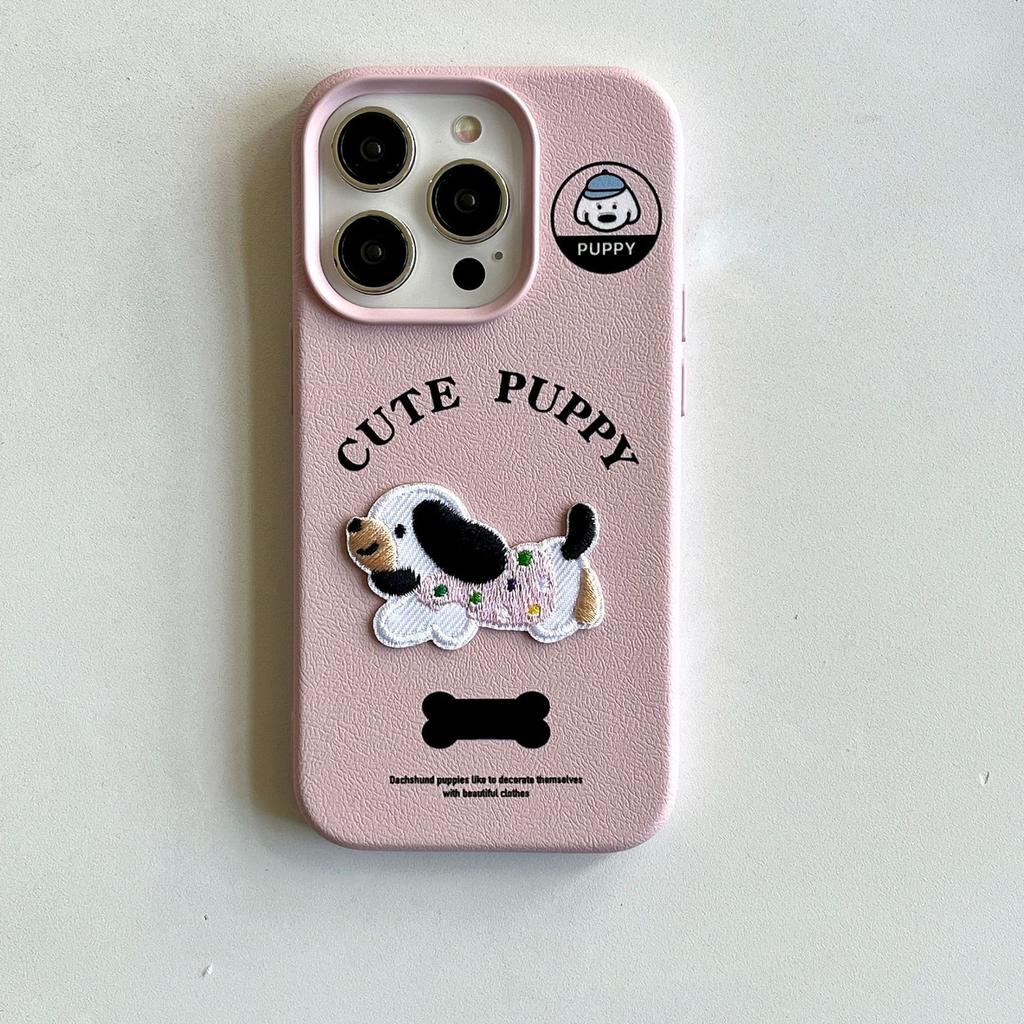 Leather Three Dimensional Embroidered Dachshund Dog Suitable for Apple 15 Promax Cartoon Mobile Phone Case 14 New Model 12 Women 13 Anti Fall