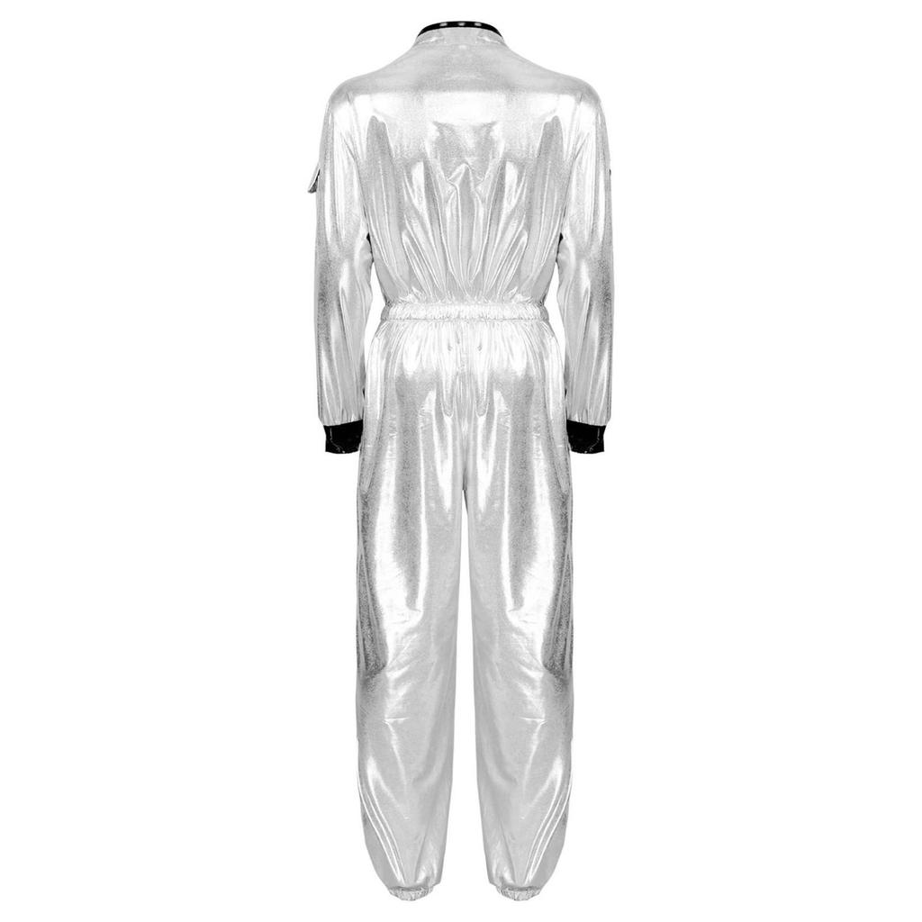 Женский костюм астронавта для ролевых игр, костюм на Хэллоуин, металлический блестящий комбинезон с длинным рукавом и боди на молнии